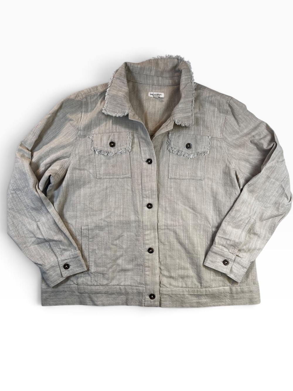 Linda Anderson XL Cotton Utility Jacket Frayed Raw Edge Boho Shacket Taupe